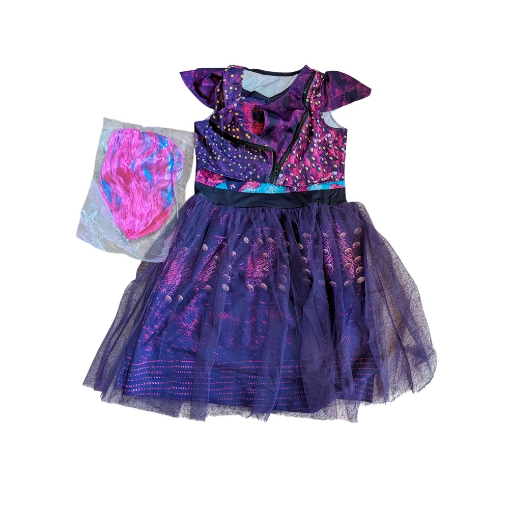 Disney Descendants Mal Girls Costume Dress with Wig Purple Kids Size M 7-8
